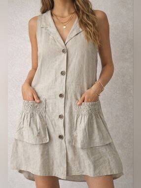 Forcynthia Linen Blend Sleeveless Tunic Dress Beige Lagenlook Pockets